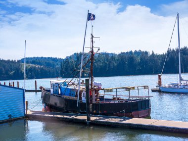 Oregon sahilinde küçük bir kasaba olan Oregon 'daki Floransa kıyı kasabasındaki eski tekne. Deniz feneri deniz kuşları ve göç eden balinaların görüntülerini sunuyor. Mağazalar ve galeriler Eski Şehir Bölgesi 'ni doldurdu