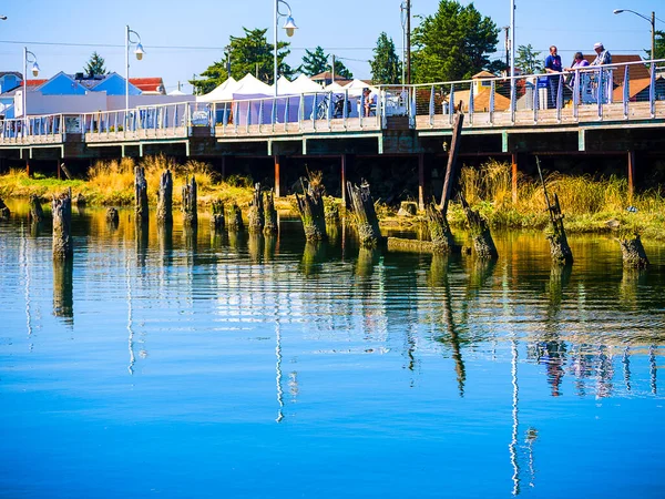 位于美国俄勒冈州弗洛伦斯海滨小镇的码头 是俄勒冈州海岸的一个小镇 灯塔内可以看到海鸟和洄游鲸鱼 旧城区到处都是商店和画廊 — 图库照片