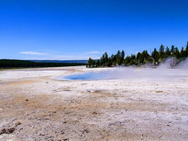 Yellowstone Ulusal Parkı 'nın aktif gayzerleri ve jeotermal havuzları. Yellowstone dünyanın ilk ulusal parkıydı. Kaldera aktif bir volkan olarak kabul edilir. Dünyanın jeotermal özelliklerinin yarısı Yellowstone 'dadır.. 