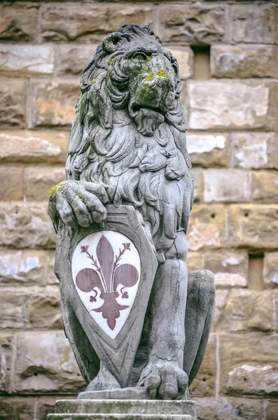 Den Ikoniska Symbolen För Lejonet Med Lilja Blomma Florens Skulptur — Stockfoto