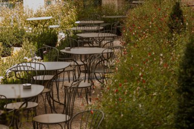 Masaları, sandalyeleri ve çiçekleri olan bir veranda.