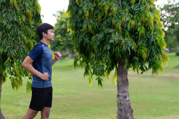 Asyalı genç fitness koşucusu parkta koşuyor.