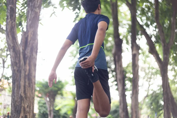 Asian Young Fitness Man Runner Strething Leg Running Park — Stock Photo, Image