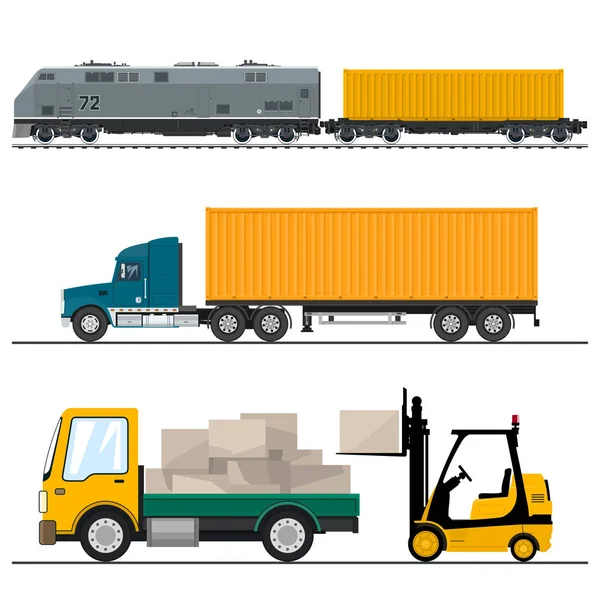 铁路运输和货车 卡车和卡车用箱子和叉车 机车与货物容器 运输和货物 向量例证 — 图库矢量图片