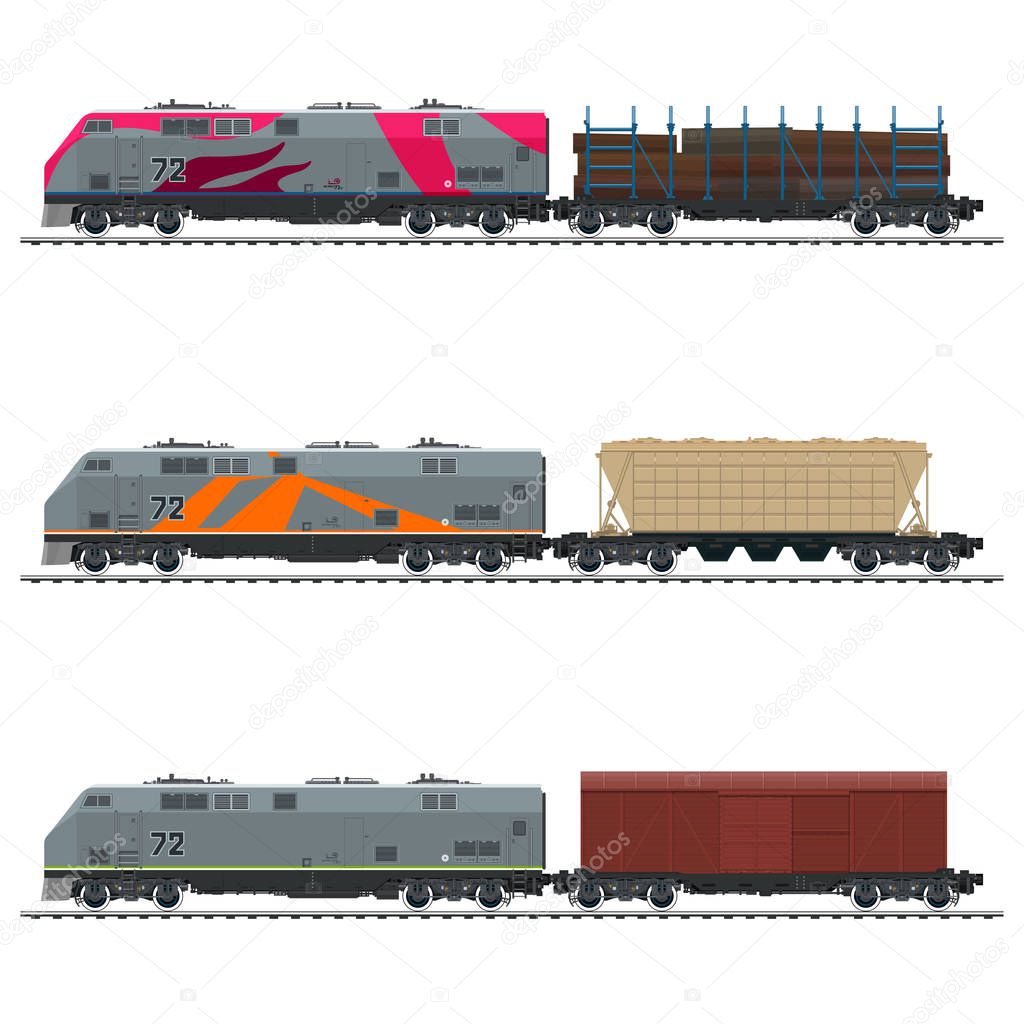 Locomotive with Closed Wagon, with Hopper Car and Railway Platform for Timber Transportation , Railway Freight Transportation, Vector Illustration