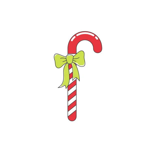 Red Striped Candy Cane Green Bow Isolated White Background Merry — Stock Vector