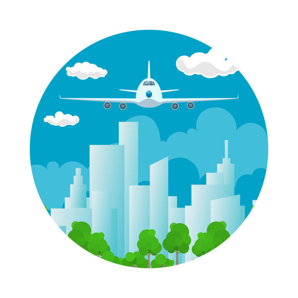 Icon Front View of Plane, Airplane in the Sky on Background of the City, Vector Illustration