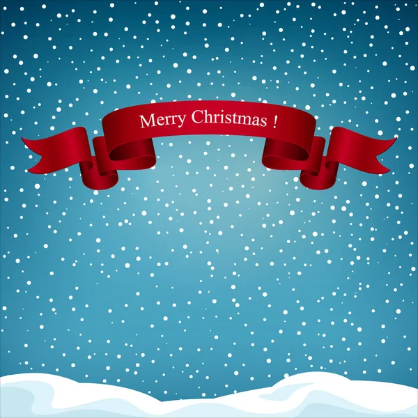 Kırmızı kurdele Merry Christmas kış kar yağışı ve Snowdrifts vektör çizim tatil arka plan