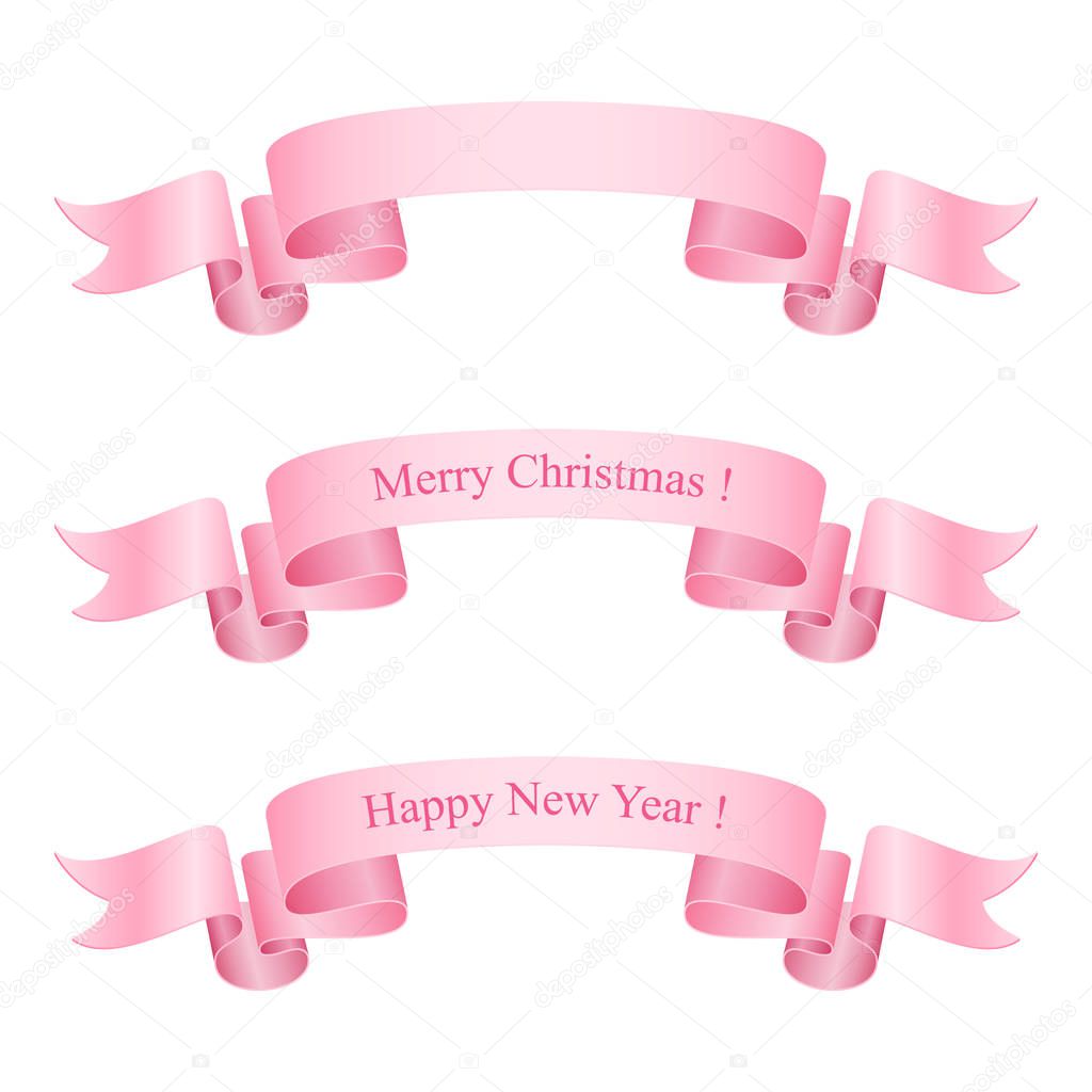 Ribbons Isolated on White Background, Text Merry Christmas and Happy New Year on Festive Pink Ribbons , Banner, Vector Illustration