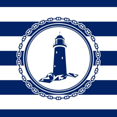 Sea Emblem on a Striped Marine Background, the Lighthouse Stands on the Rocks, Vector Illustration clipart