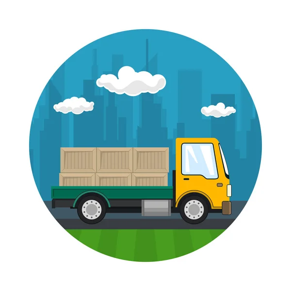 赤い小型トラックのアイコン Windows 輸送と貨物の配達サービス ベクトル図 商品の貨物の背景に対して 道路上のトラックを運ぶ ストックベクター C Serz72