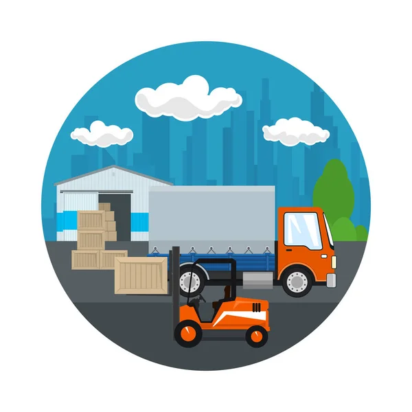 仓库和运输服务 橙色叉车和覆盖在仓库前的卡车 卸货或装载货物 矢量插图 — 图库矢量图片