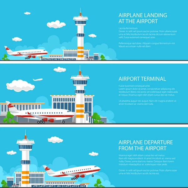 Conjunto Banners Aeropuerto Llegadas Salidas Desde Aeropuerto Avión Pista Torre — Archivo Imágenes Vectoriales