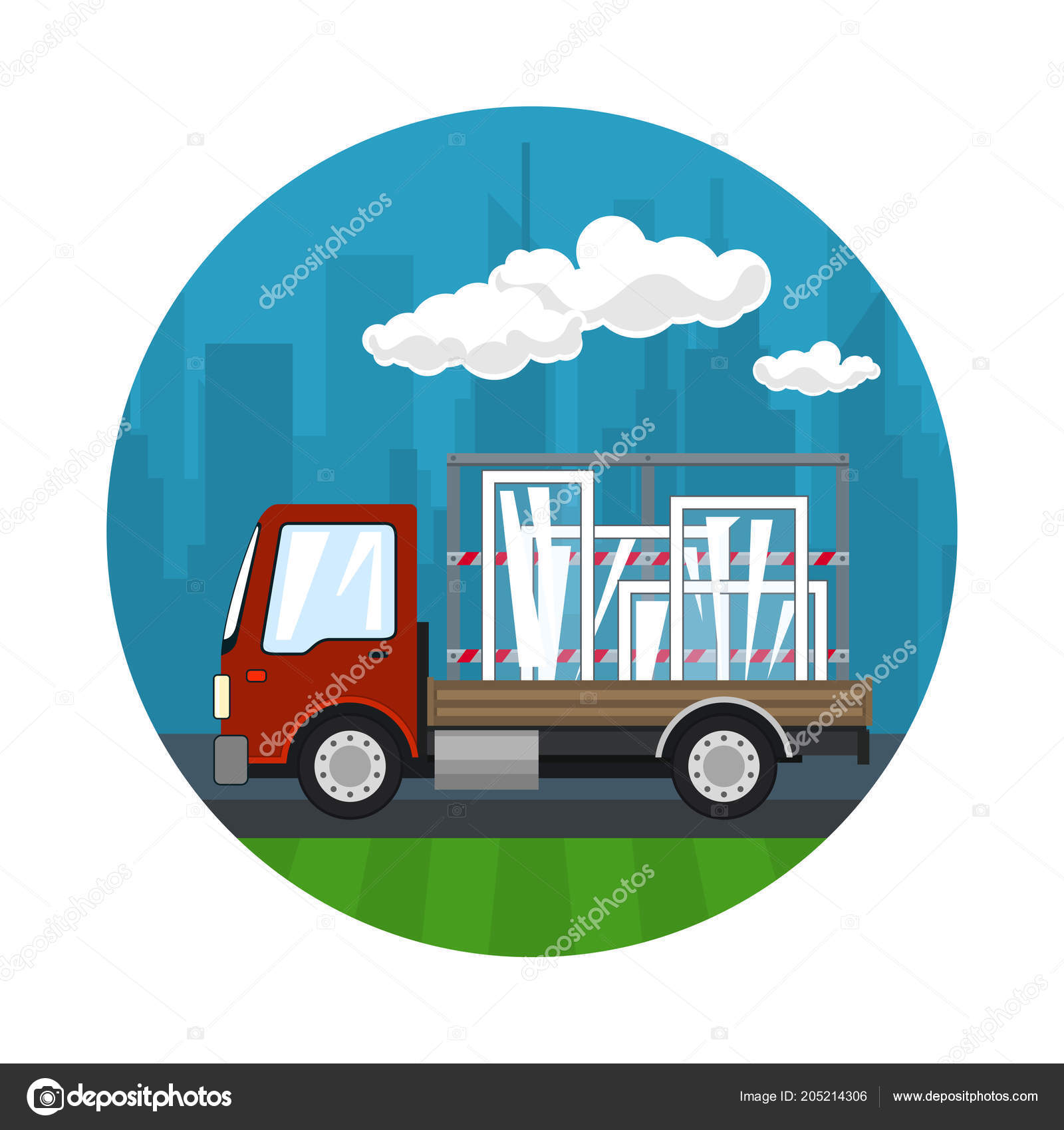 赤い小型トラックのアイコン Windows 輸送と貨物の配達サービス ベクトル図 商品の貨物の背景に対して 道路上のトラックを運ぶ ストックベクター C Serz72