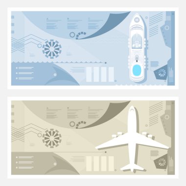 Havaalanı ve Seaport afiş, Cruise gemi denizde, uçak pist, turizm ve seyahat Infographic kavramı, vektör çizim