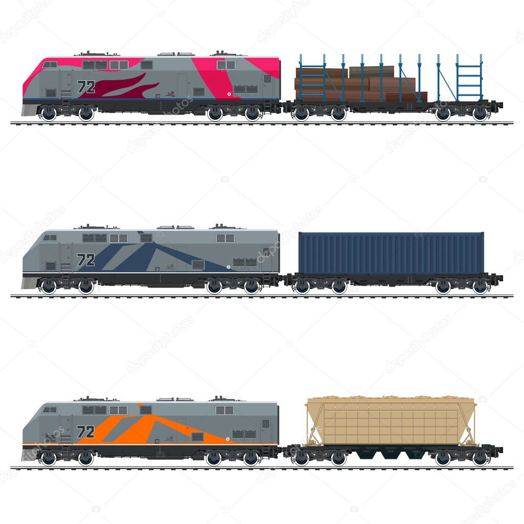 Locomotive with Cargo Container, with Hopper Car and Railway Platform for Timber Transportation , Railway Freight Transportation, Vector Illustration