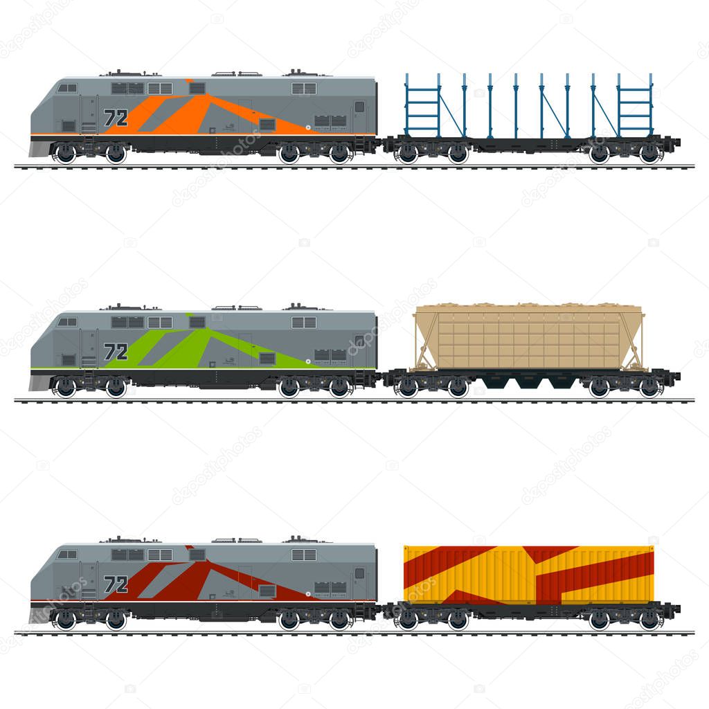 Locomotive with Cargo Container, with Hopper Car and an Empty Platform for Transportation of Bulk or Long Cargo and for Timber Transportation , Vector Illustration