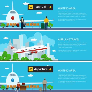 Havaalanı afiş kümesi, arka plan şehrin, bekleme odası gezginler ve Bagaj çanta ve çetele gidiş ve geliş, uçakta seyahat kavramı, vektör çizim hava