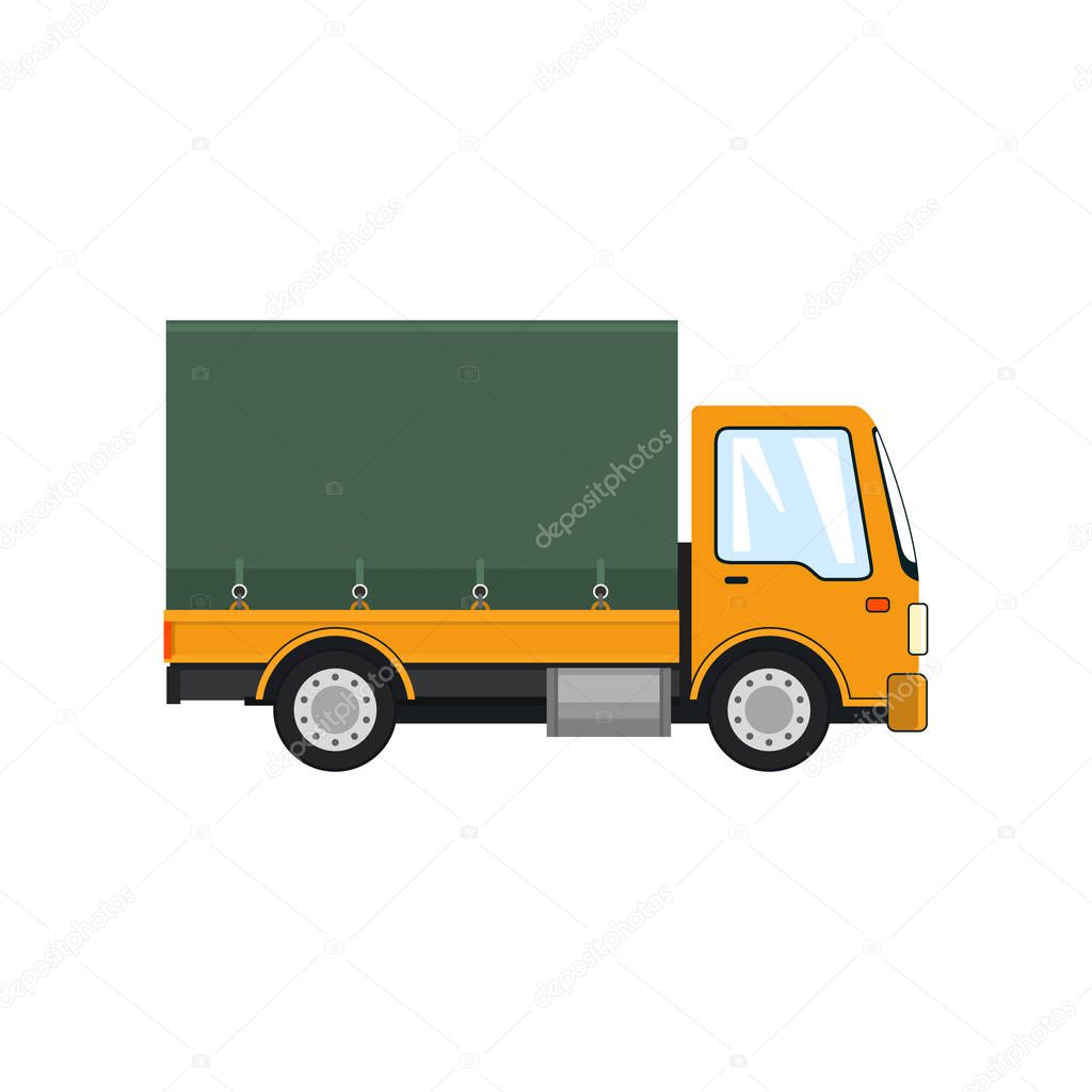 Yellow Small Covered Truck Isolated on White Background , Transport Services and Logistics, Shipping and Freight of Goods, Vector Illustration