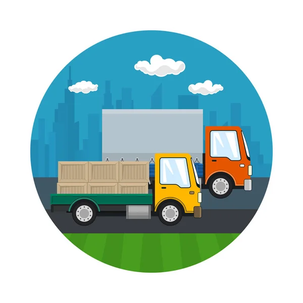 道路运输和后勤的图标 小被盖的卡车和货车与箱子驱动在路反对城市的背景 运输和货物 向量例证 — 图库矢量图片