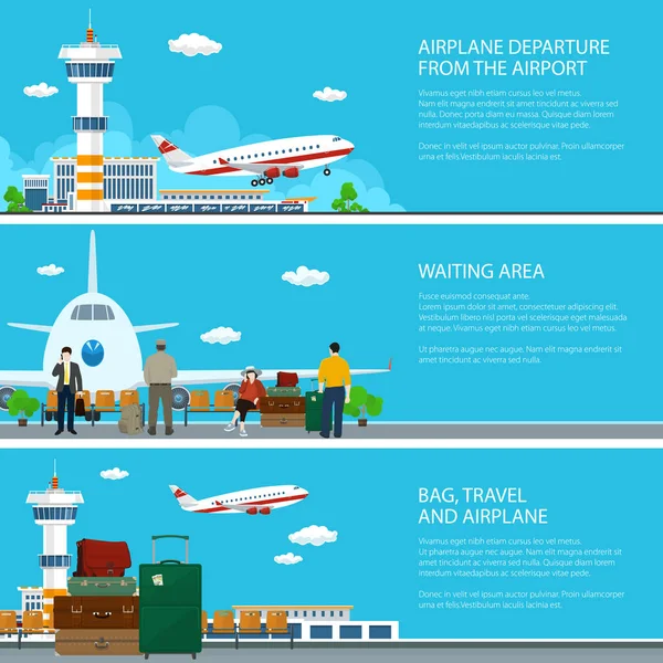 空港バナー 飛行機到着 空港ターミナル 荷物袋 空気旅行の概念ベクトル図と待合室からフライのセット — ストックベクタ