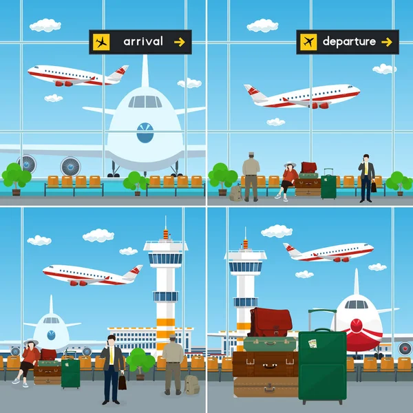 空港画像 出張と荷物袋 スコアボードの出発と到着 飛行機が到着する空港ターミナル ベクトル図から飛ぶと控え室のセット — ストックベクタ