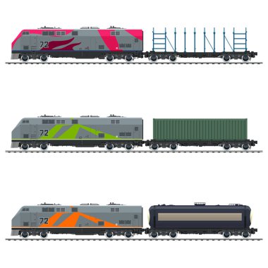 Locomotive with Cargo Container, with Railway Tank Car and an Empty Platform for Transportation of Bulk or Long Cargo and for Timber Transportation , Vector Illustration clipart