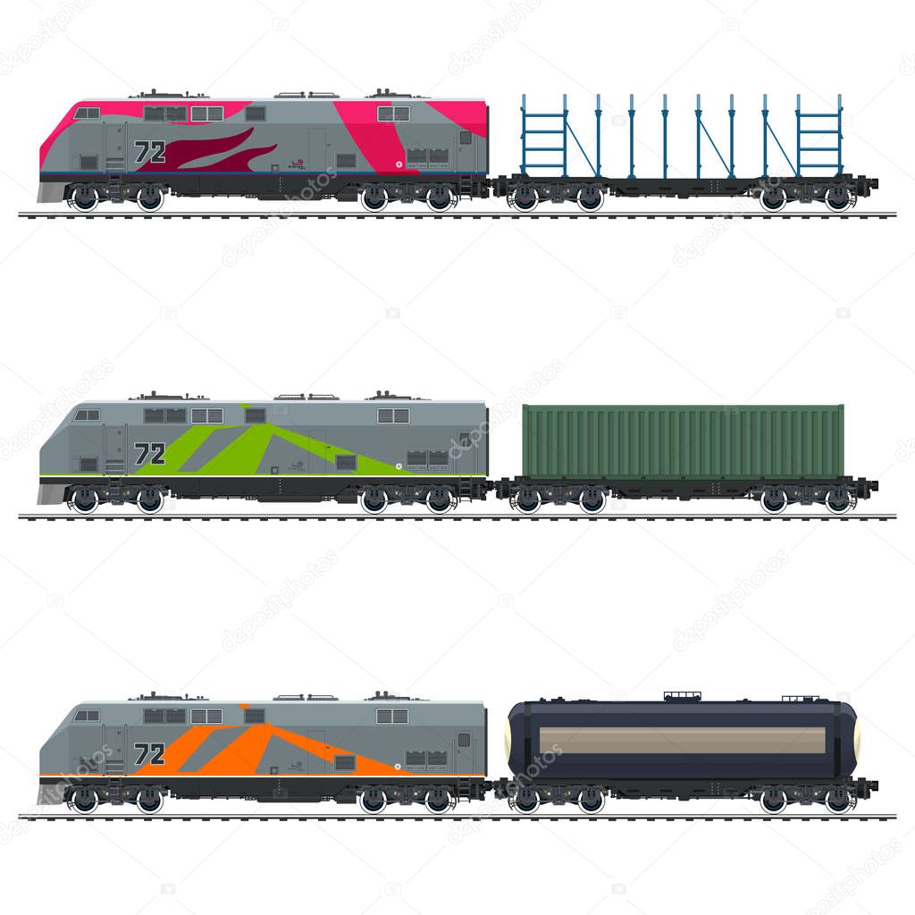 Locomotive with Cargo Container, with Railway Tank Car and an Empty Platform for Transportation of Bulk or Long Cargo and for Timber Transportation , Vector Illustration