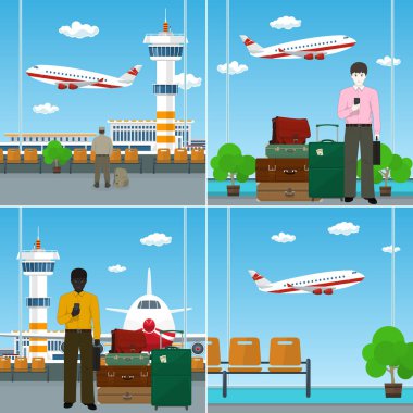 Seyahat etmek, Afrika kökenli Amerikalı adam ve Seyahat Bagaj bir uçak kalkış, Uçak geldiğinde ve sinek havaalanına arka planı ile Avrupa iş adamı ile Havaalanı görüntü kümesi