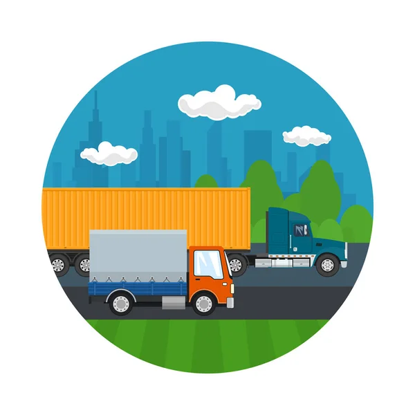 公路运输和物流 卡车和小卡车行驶在道路上的城市 航运和货物的背景 矢量插图 — 图库矢量图片