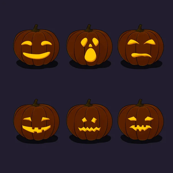 Set Labu Jack Lantern Black Background Carved Scary Pumpkins Halloween - Stok Vektor