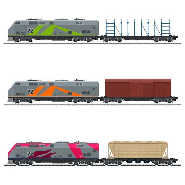 铁路机车与闭合的货车 以空的平台为运输散装或长的货物和为木材运输和料斗车 向量例证 — 图库矢量图片