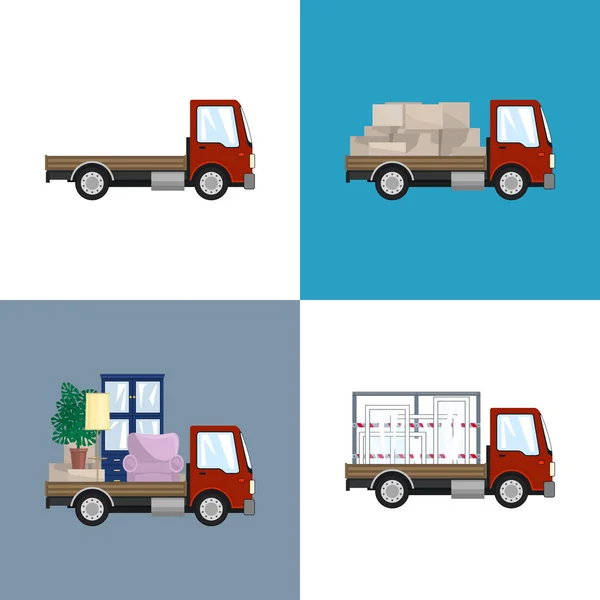 Camiones pequeños rojos con diferentes cargas — Vector de stock