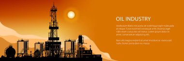 Siluet petrol veya doğal gaz sondaj kuleleri dağlar gün batımında, sondaj platformu Outbuildings ve tanklarla ve sarnıçlar afiş, siluet bir arka plan illüstrasyon vektör