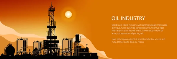 Siluet petrol veya doğal gaz sondaj kuleleri dağlar gün batımında, sondaj platformu Outbuildings ve tanklarla ve sarnıçlar afiş, siluet bir arka plan illüstrasyon vektör