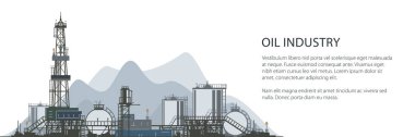 Petrol sondaj Rig afiş, petrol, petrol veya doğal gaz sondaj teçhizat Outbuildings ve tanklar ve sarnıçlar, afiş broşür el ilanı tasarımı, vektör çizim ile