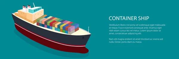 Banner Isometrische Containerschip Het Water Tekst Bovenaanzicht Van Een Vrachtschip — Stockvector