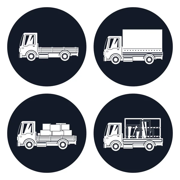 Caminhões Pequenos Com Ícones Cargas Diferentes Caminhões Vazios Cobertos Caminhões —  Vetores de Stock
