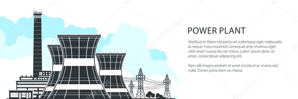 Silhouette Nuclear Plant Banner , Thermal Power Station, Nuclear Reactors and High Voltage Power Lines, Vector Illustration