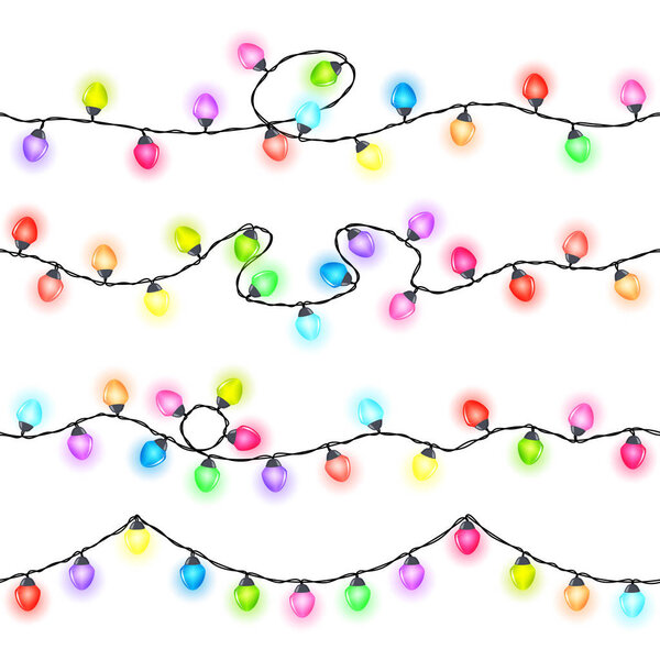 Set of seamless festive colored glowing garlands on a white background , Christmas decorations, vector illustration