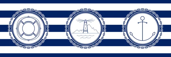Banner Mit Seezeichen Auf Nahtlos Gestreiftem Meeresgrund Anker Und Leuchtturm — Stockvektor