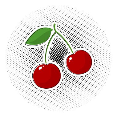 Pop Art noktalı resim arka plan, beyaz, iğne veya yamalar, Retro tarzı, vektör çizim üzerinde bir daire şeklinde siyah noktalar üzerinde kırmızı kiraz etiket