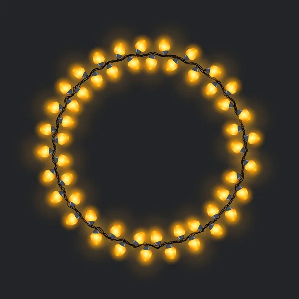 円形お祭り黄色光るガーランド 暗い背景 メリー クリスマス 休日の装飾 ベクトル図の電球の光の輪 — ストックベクタ