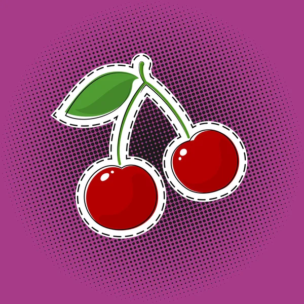 Adesivo ciliegia rossa su sfondo Pop Art viola — Vettoriale Stock