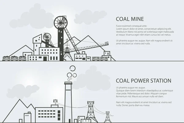 Conjunto de Banners com Mineração de Carvão e Central Elétrica —  Vetores de Stock