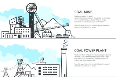 Set of Horizontal Banners with Mining and Coal Power Station, Complex Industrial Facilities with Spoil Tip and Power Line and Mine, Coal and Energy Industry, Vector Illustration clipart
