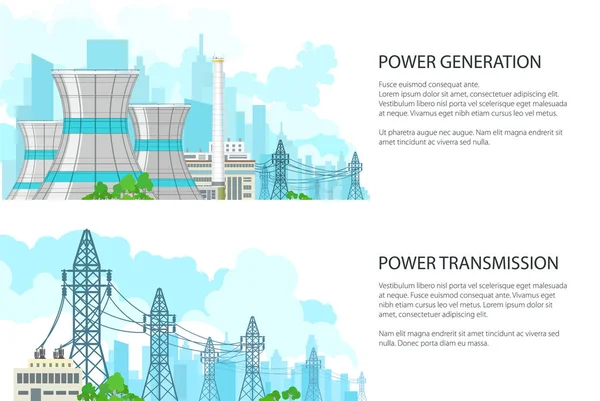 Elektrik İletim, nükleer ile beyaz afiş City, vektör çizim bitki veya termal istasyon, güç istasyonu ve yüksek gerilim güç hatları malzemeleri elektrik ayarla