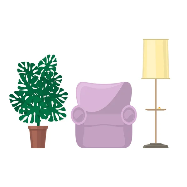 Πολυθρόνα και φωτιστικό δαπέδου με houseplant Μονστέρα — Διανυσματικό Αρχείο