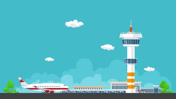 Uçak Havaalanından Havalanıyor Kontrol Kulesi Uçak Şehrin Arka Planında Seyahat — Stok video