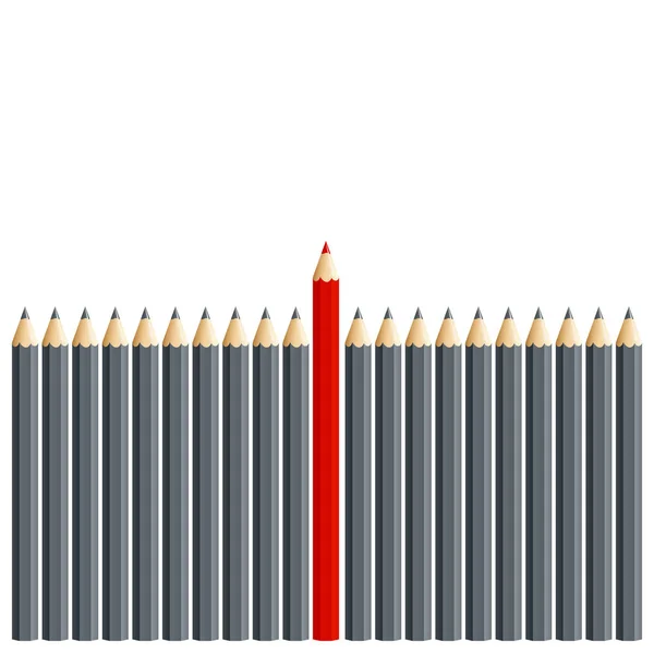 Lápices grises en fila, lápiz rojo arriba — Vector de stock
